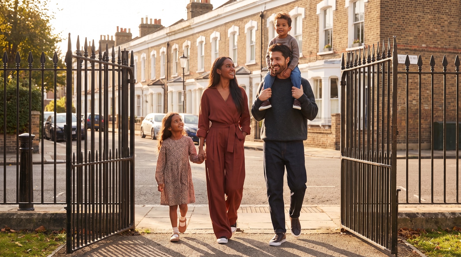 A family with two young children walking through open park gates towards a street of terraced houses.