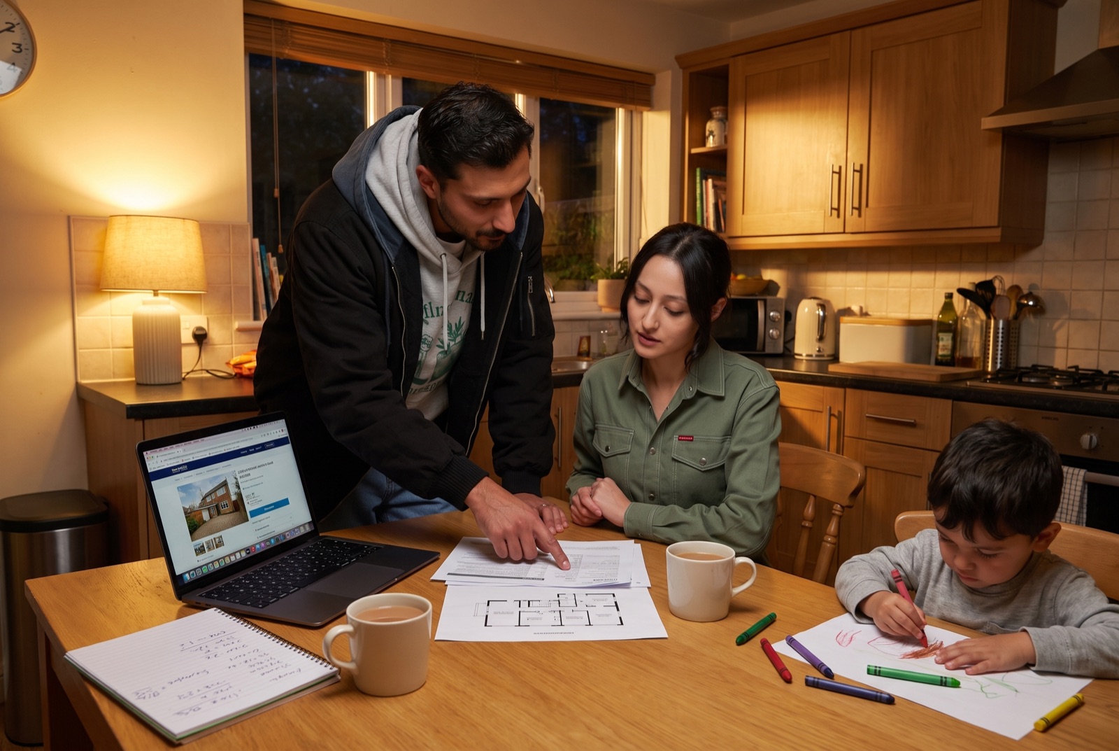 A couple at their kitchen table in the evening, reviewing property documents beside a laptop while their child draws.
