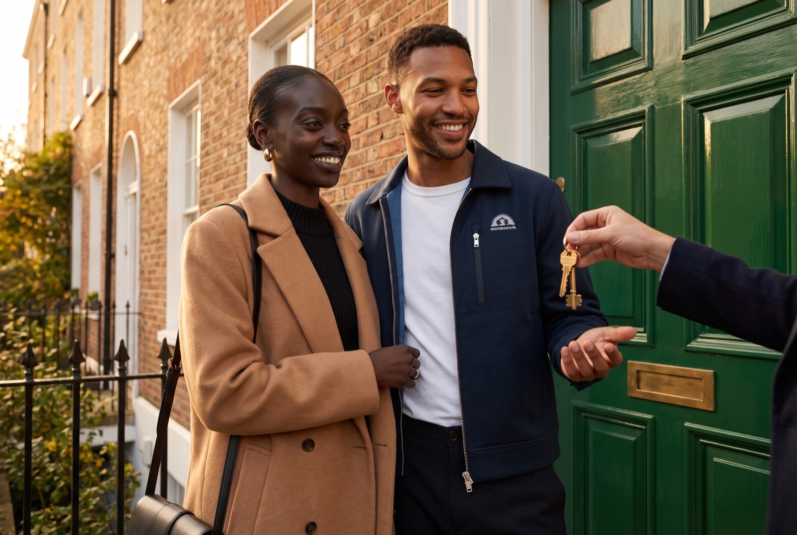 A couple receiving brass keys at the racing-green front door of a Georgian townhouse.